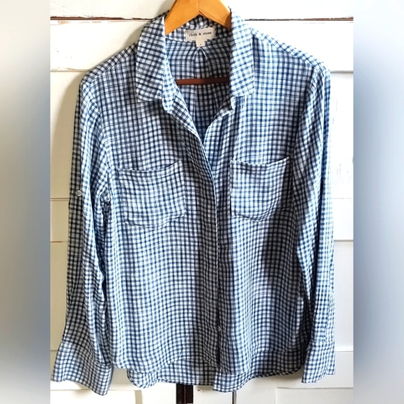 Anthropologie cloth & stone Women's Blue White Check Button Up | Long Sleeve | L - Picture 1 of 6